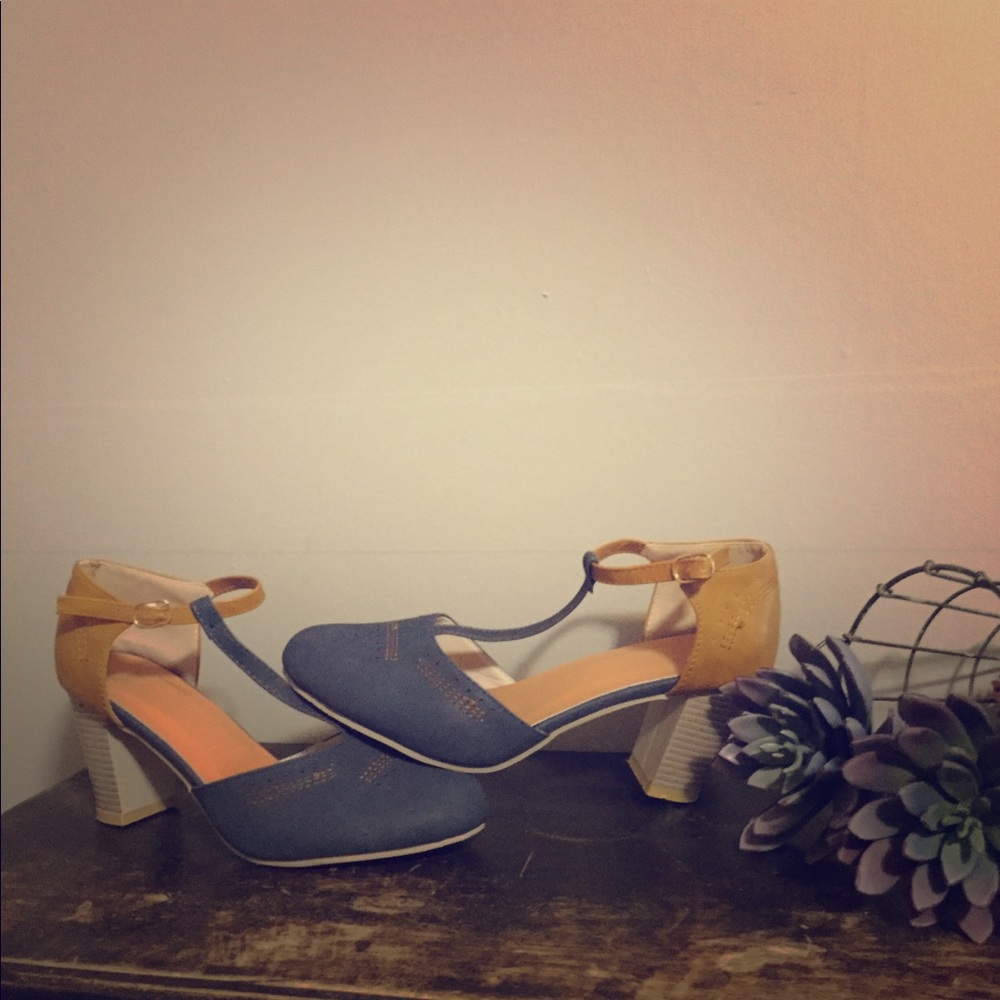 Blue Suede/ Brown Leather Heels